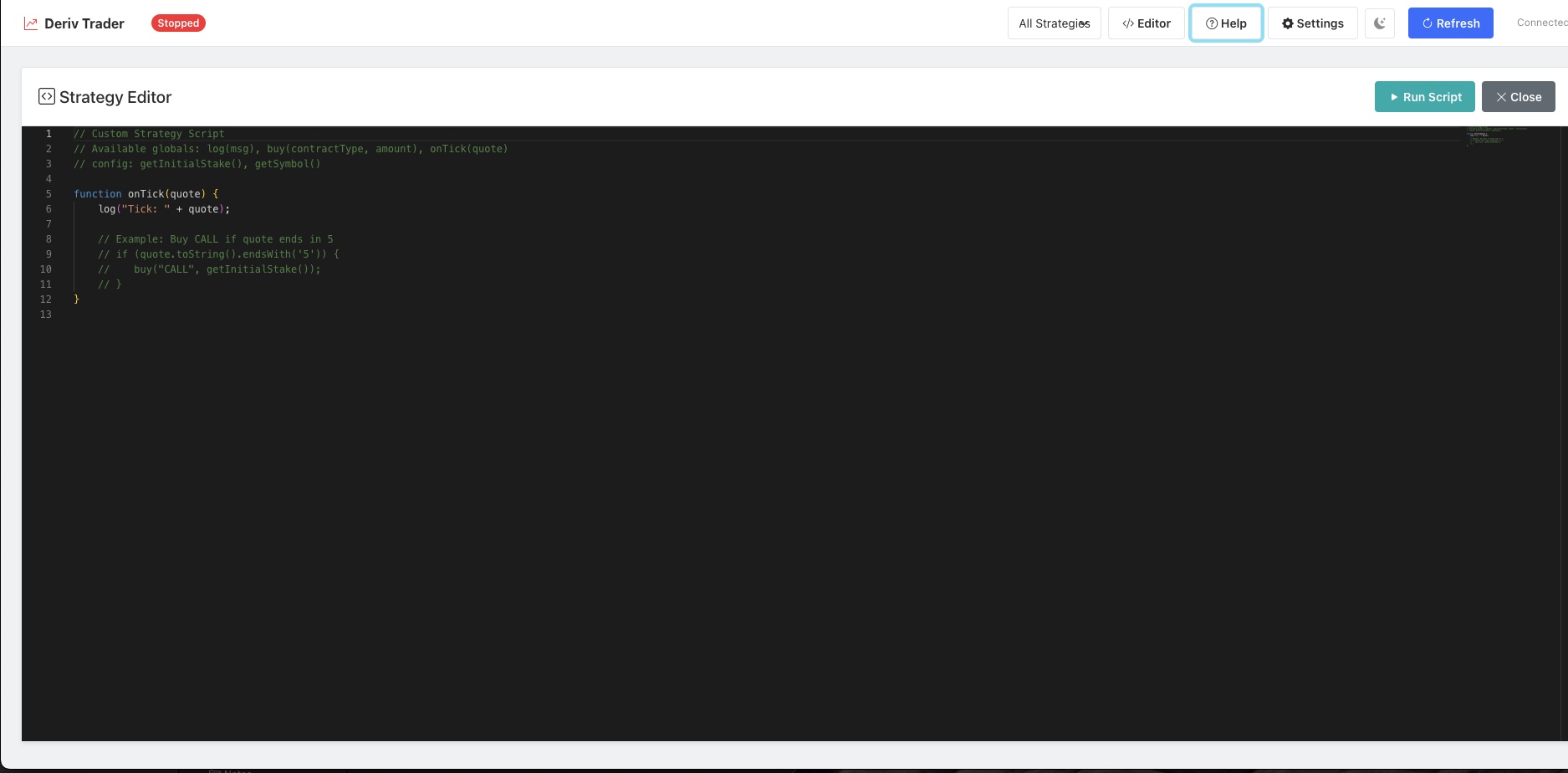 Strategy editor for custom trading logic
